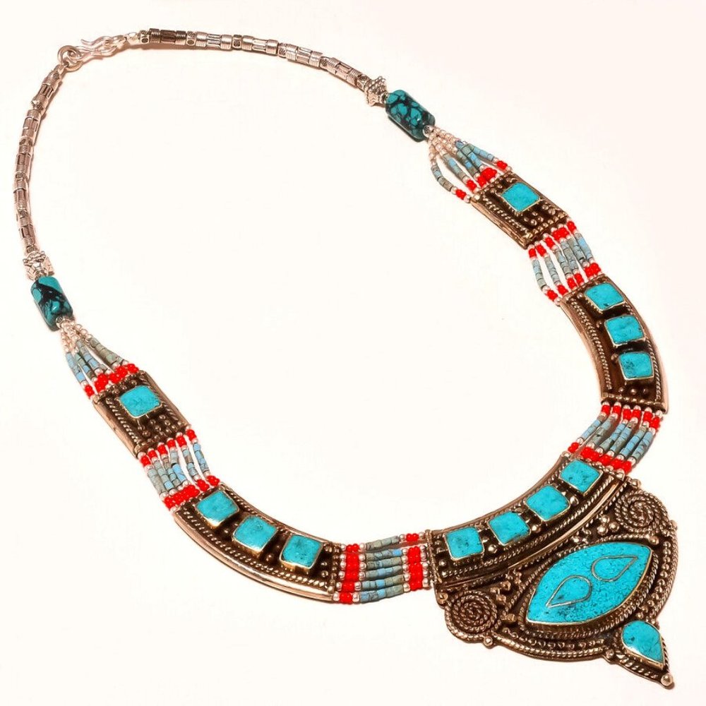 Tibetan Turquoise Red Coral Gemstone Necklace